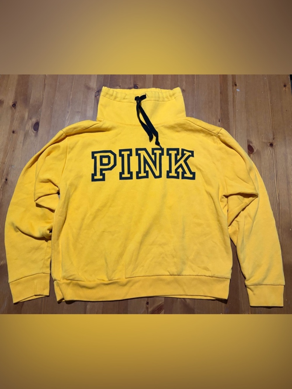PINK Victoria's Secret Golden Yellow Pullover Cowl Neck Hoodie with Black Logo - Picture 2 of 5